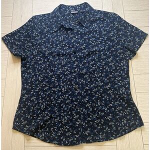 Laura Scott Women's Blue Floral Button Down Short Sleeve Poly Blouse.‎ Sz MP